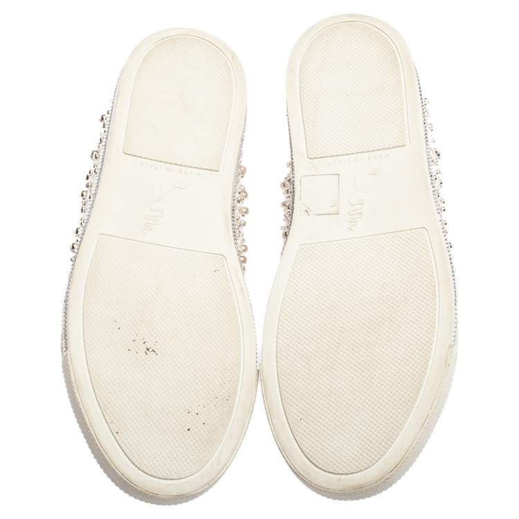 Pre Owned Rene Caovilla White Leather And Floral Lace Embellished Lace Up Sneakers Size 38