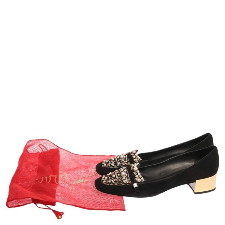 Pre Owned René Caovilla Black Suede Leather Crystal Embellished Block Heel Pumps Size 40