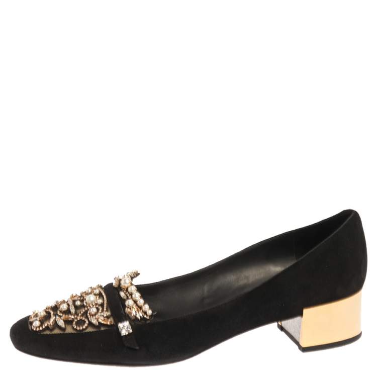 Pre Owned René Caovilla Black Suede Leather Crystal Embellished Block Heel Pumps Size 40
