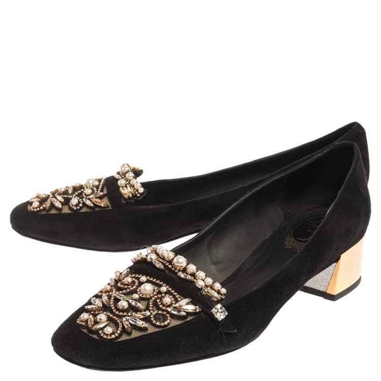 Pre Owned René Caovilla Black Suede Leather Crystal Embellished Block Heel Pumps Size 40
