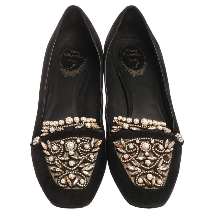 Pre Owned René Caovilla Black Suede Leather Crystal Embellished Block Heel Pumps Size 40