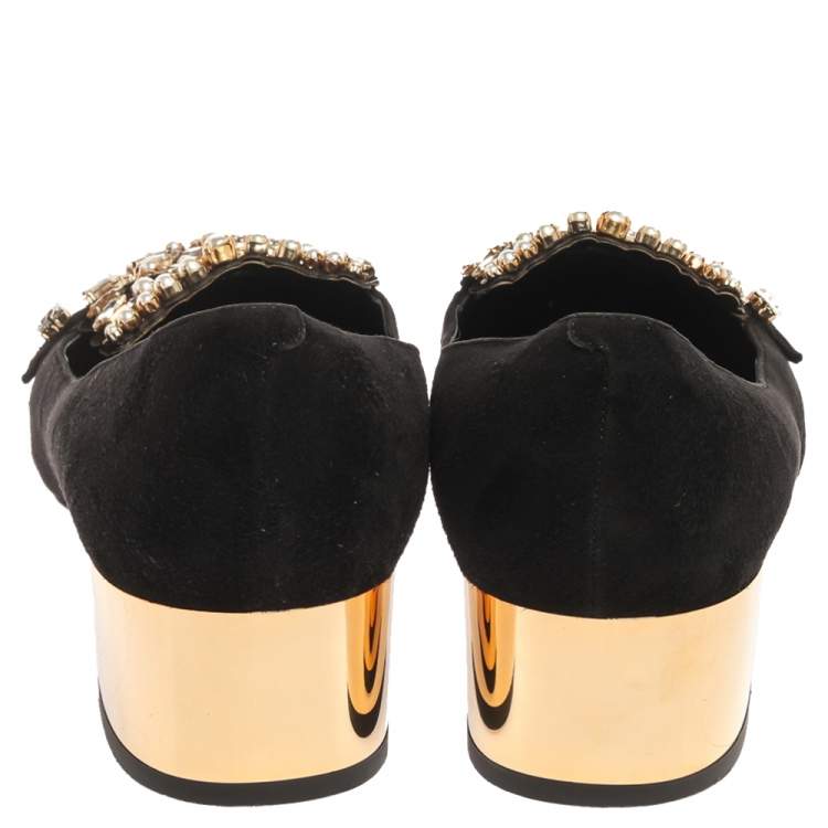 Pre Owned René Caovilla Black Suede Leather Crystal Embellished Block Heel Pumps Size 40