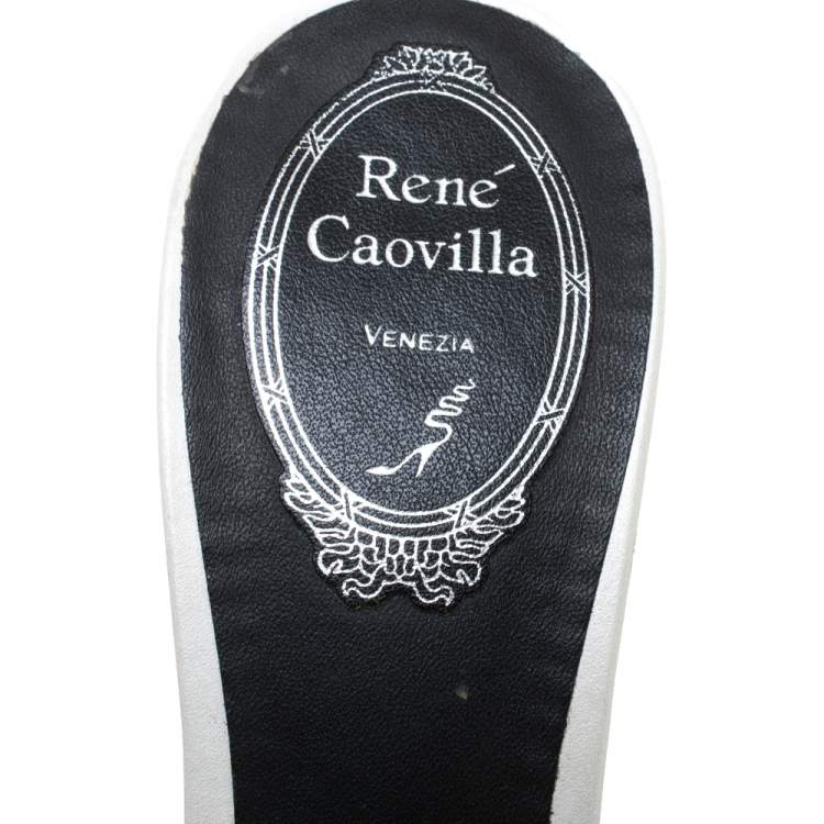 Pre Owned Rene Caovilla Black Satin Crystal Flower Embellished Slide Sandals Size 37