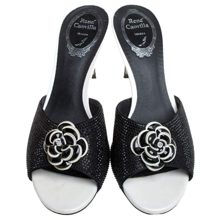 Pre Owned Rene Caovilla Black Satin Crystal Flower Embellished Slide Sandals Size 37
