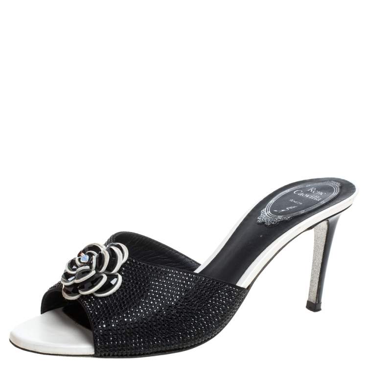 Rene Caovilla Black Satin Crystal Flower Embellished Slide Sandals Size ...