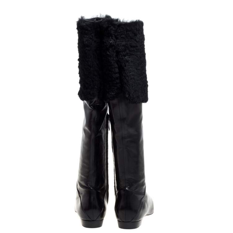 Pre Owned Rene Caovilla Black Leather And Faux Fur Knee High Boots Size 39 