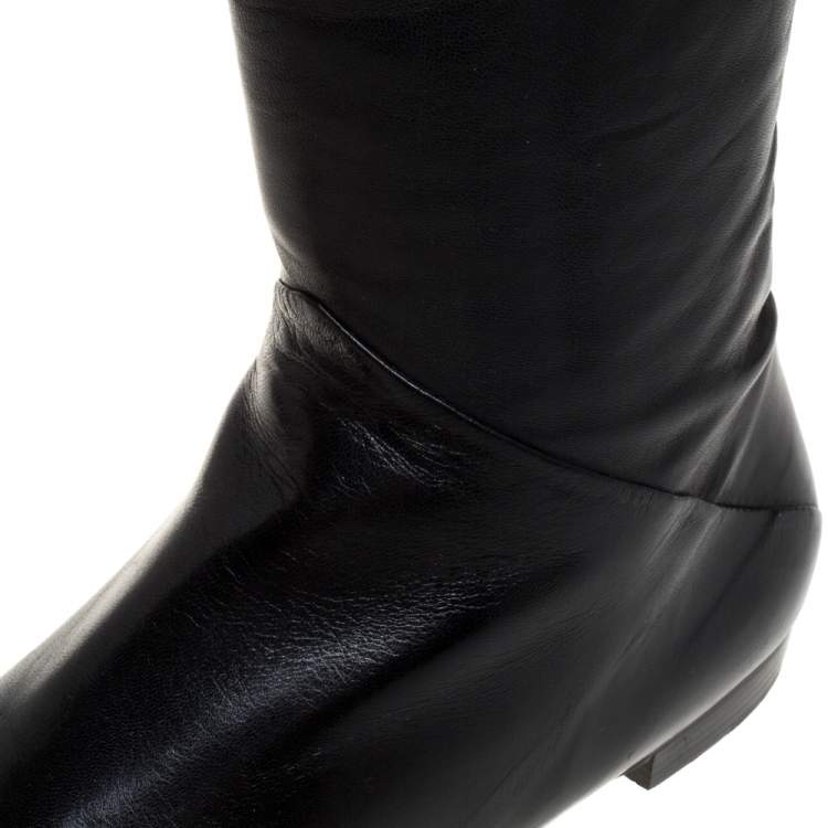 Pre Owned Rene Caovilla Black Leather And Faux Fur Knee High Boots Size 39 