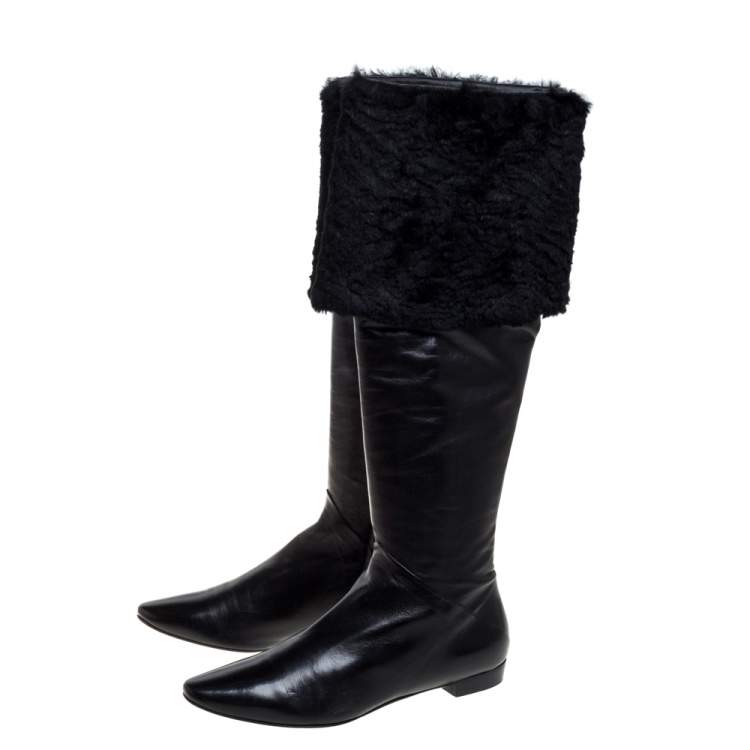 Pre Owned Rene Caovilla Black Leather And Faux Fur Knee High Boots Size 39 