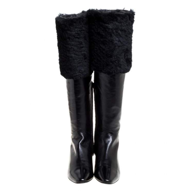 Pre Owned Rene Caovilla Black Leather And Faux Fur Knee High Boots Size 39 