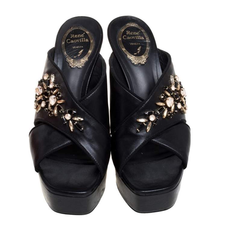 Pre Owned René Caovilla Black Leather Crystal Embellished Cross Strap Peep Toe Platform Mules Size 38