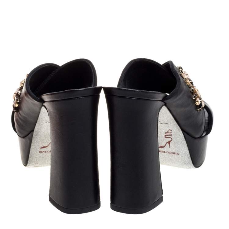 Pre Owned René Caovilla Black Leather Crystal Embellished Cross Strap Peep Toe Platform Mules Size 38
