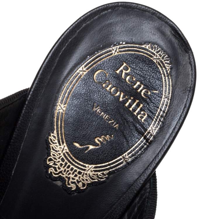 Pre Owned René Caovilla Black Leather Crystal Embellished Cross Strap Peep Toe Platform Mules Size 38