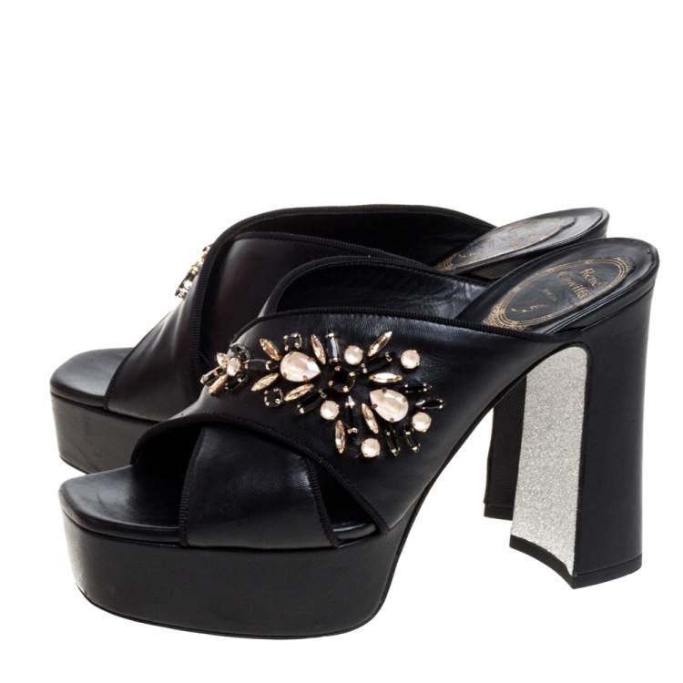 Pre Owned René Caovilla Black Leather Crystal Embellished Cross Strap Peep Toe Platform Mules Size 38