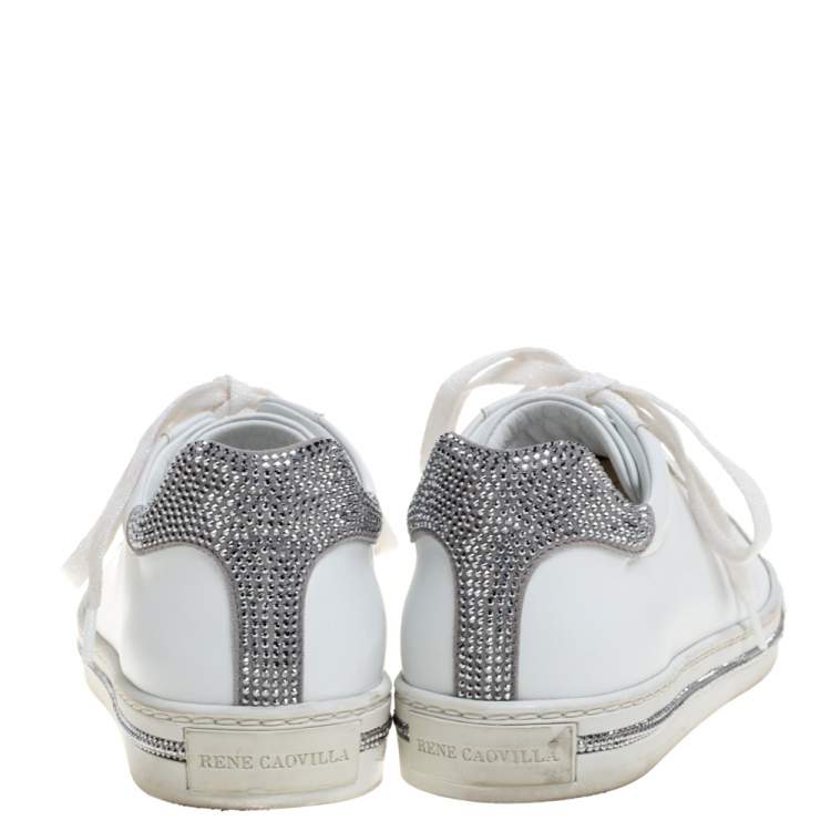Pre Owned Rene Caovilla White Leather Crystal Embellished Lace Up Sneakers Size 38