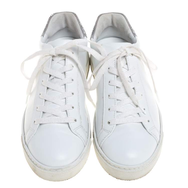 Pre Owned Rene Caovilla White Leather Crystal Embellished Lace Up Sneakers Size 38
