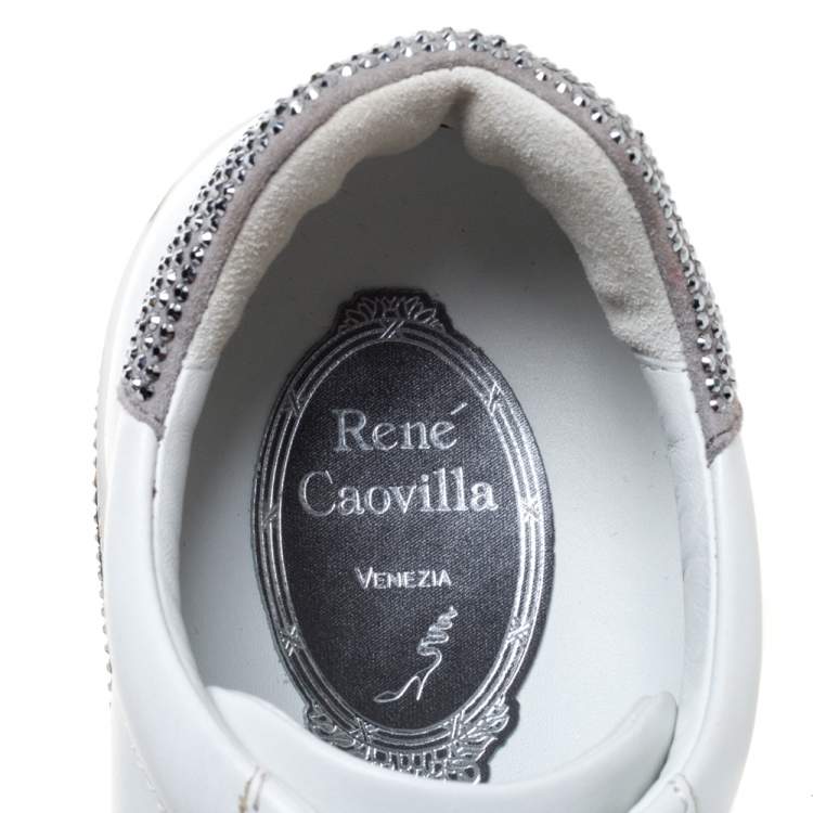 Pre Owned Rene Caovilla White Leather Crystal Embellished Lace Up Sneakers Size 38
