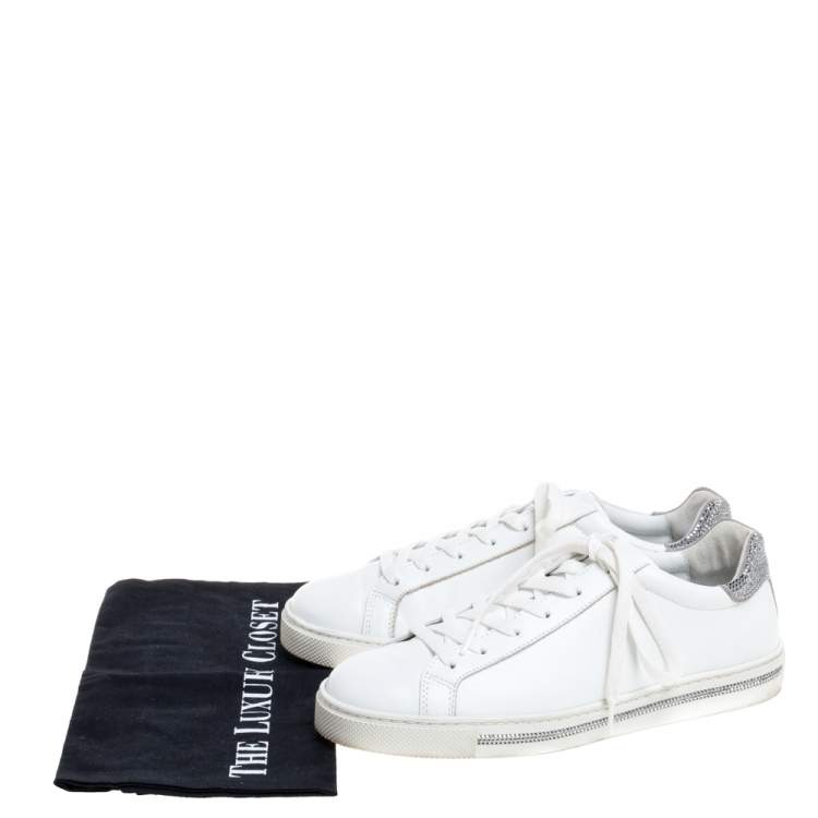 Pre Owned Rene Caovilla White Leather Crystal Embellished Lace Up Sneakers Size 38