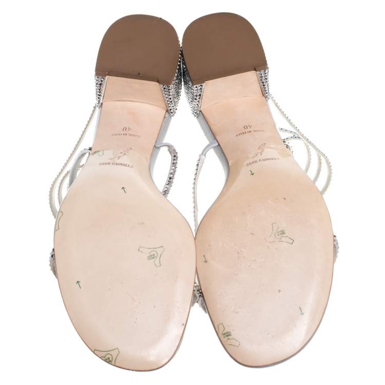 Pre Owned Rene Caovilla Silver Satin and Leather Cleo Crystal Embellished Sandals Size 40