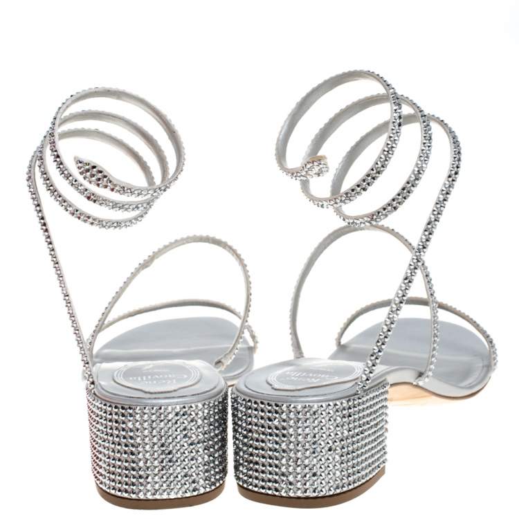 Pre Owned Rene Caovilla Silver Satin and Leather Cleo Crystal Embellished Sandals Size 40
