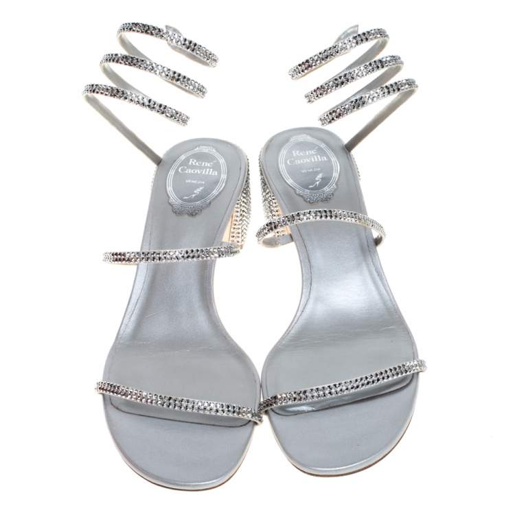 Pre Owned Rene Caovilla Silver Satin and Leather Cleo Crystal Embellished Sandals Size 40