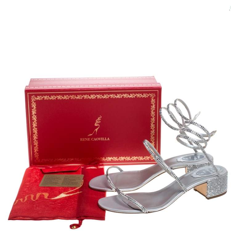 Pre Owned Rene Caovilla Silver Satin and Leather Cleo Crystal Embellished Sandals Size 40