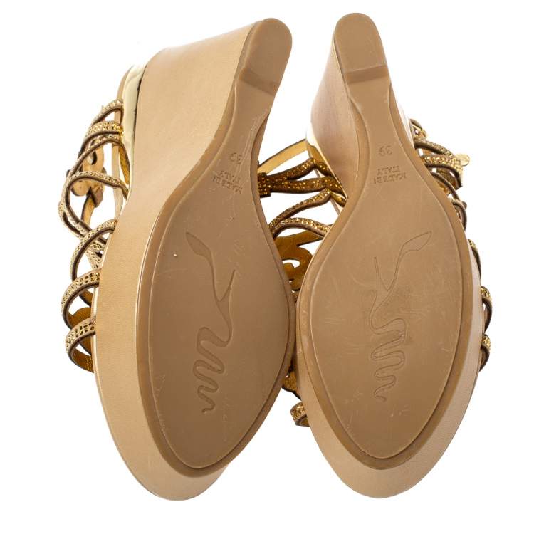 Pre Owned Rene Caovilla Beige Gold Rhinestone Embellished Suede Platform Wedge Sandals Size 39