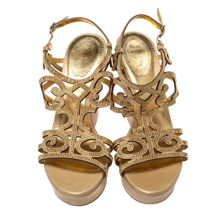 Pre Owned Rene Caovilla Beige Gold Rhinestone Embellished Suede Platform Wedge Sandals Size 39