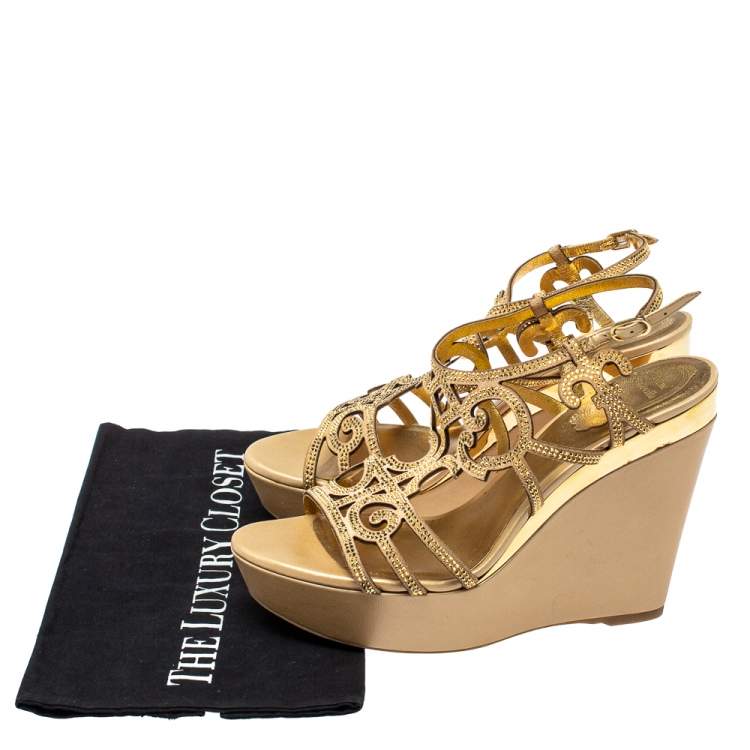 Pre Owned Rene Caovilla Beige Gold Rhinestone Embellished Suede Platform Wedge Sandals Size 39