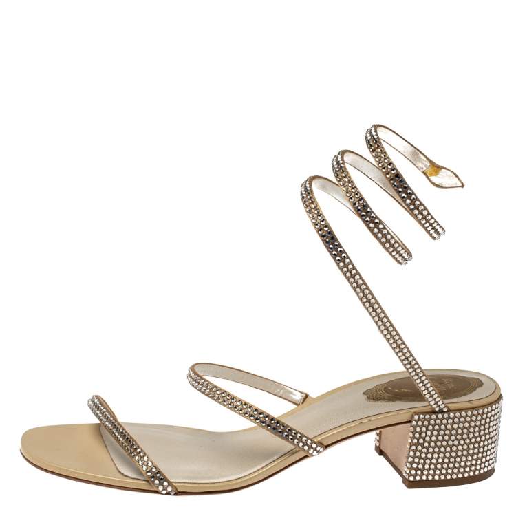 Pre Owned Rene Caovilla Metallic Gold Crystal Embellished Ankle Wrap Sandals Size 39