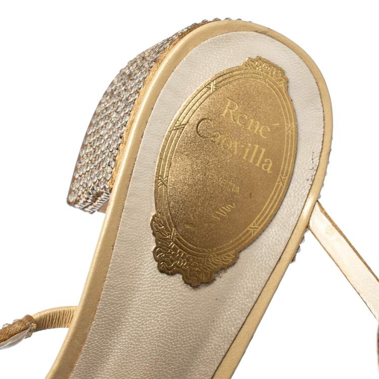 Pre Owned Rene Caovilla Metallic Gold Crystal Embellished Ankle Wrap Sandals Size 39