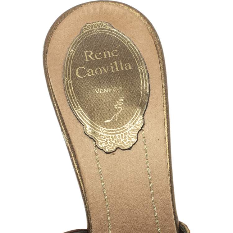 Pre Owned Rene Caovilla Brown/Olive Green Alligator Leather And Satin Crystal Embellished Open Toe Sandals Size 37