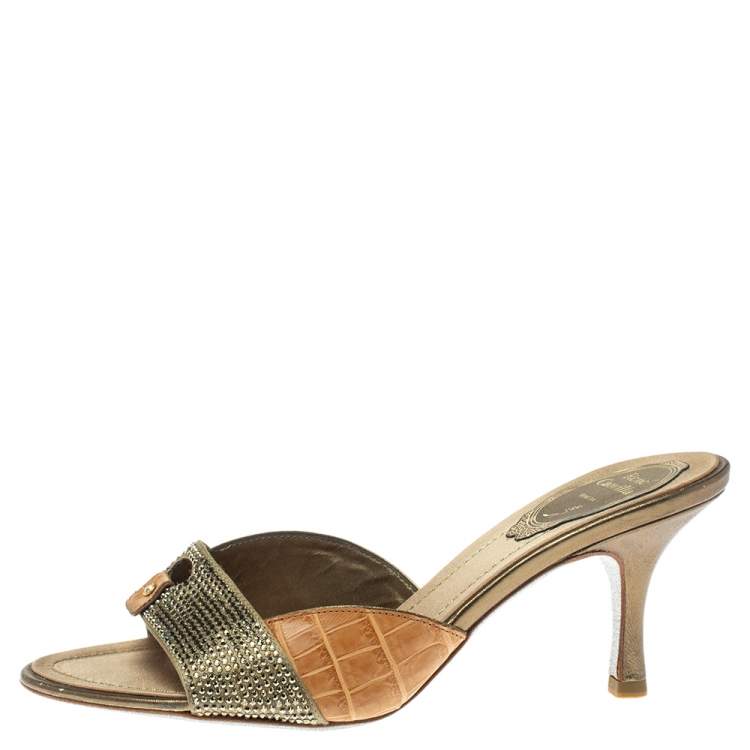 Pre Owned Rene Caovilla Brown/Olive Green Alligator Leather And Satin Crystal Embellished Open Toe Sandals Size 37