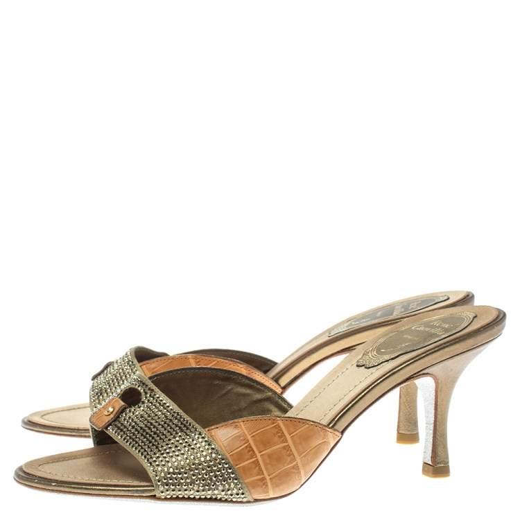 Pre Owned Rene Caovilla Brown/Olive Green Alligator Leather And Satin Crystal Embellished Open Toe Sandals Size 37