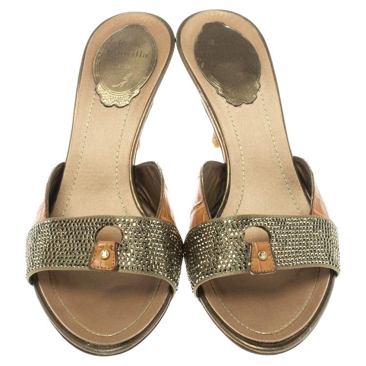Pre Owned Rene Caovilla Brown/Olive Green Alligator Leather And Satin Crystal Embellished Open Toe Sandals Size 37