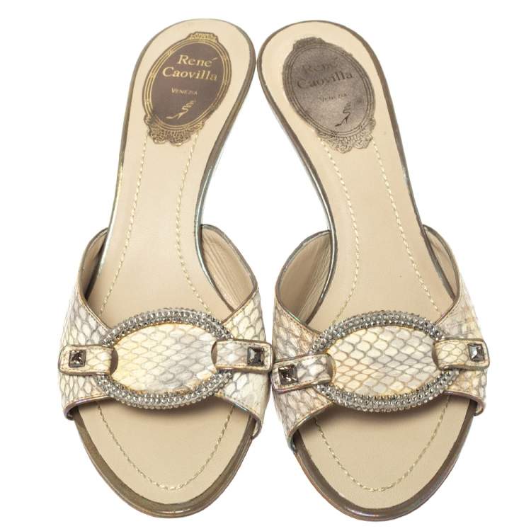 Pre Owned Rene Caovilla Cream Python Crystal Embellished Slide Sandals Size 37