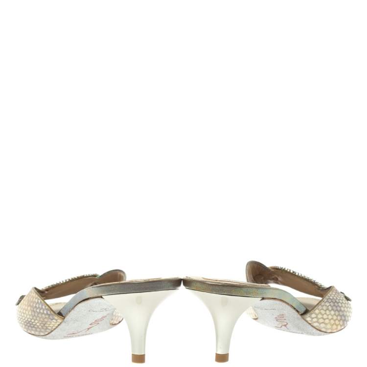 Pre Owned Rene Caovilla Cream Python Crystal Embellished Slide Sandals Size 37