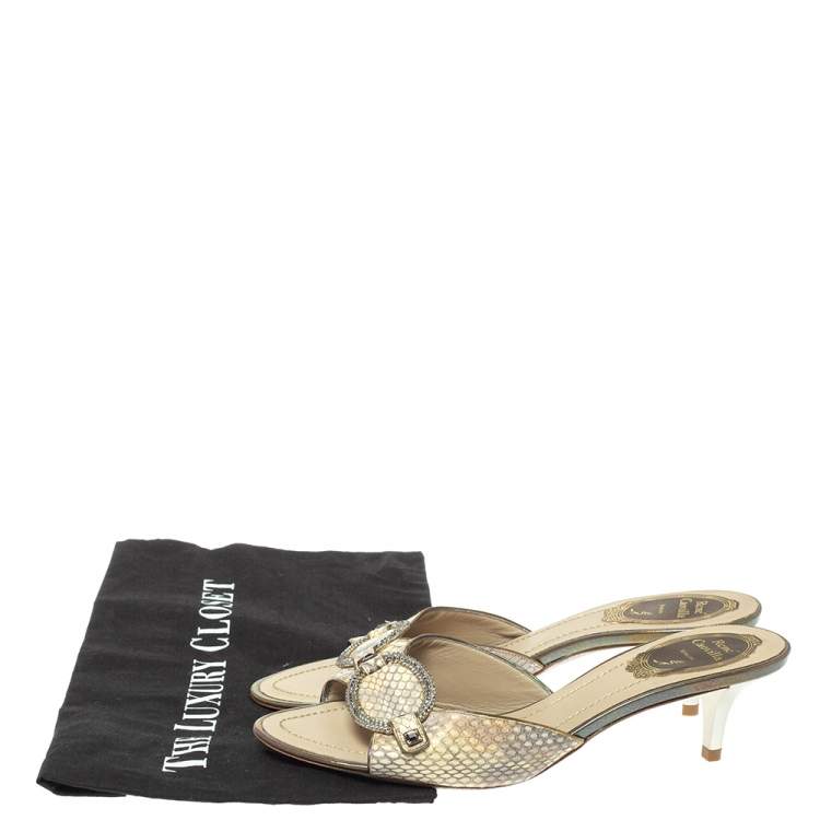 Pre Owned Rene Caovilla Cream Python Crystal Embellished Slide Sandals Size 37