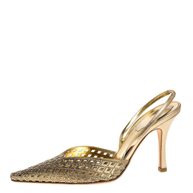 Pre Owned Rene Caovilla Metallic Gold Leather Embellished Slingback Pumps Size 37