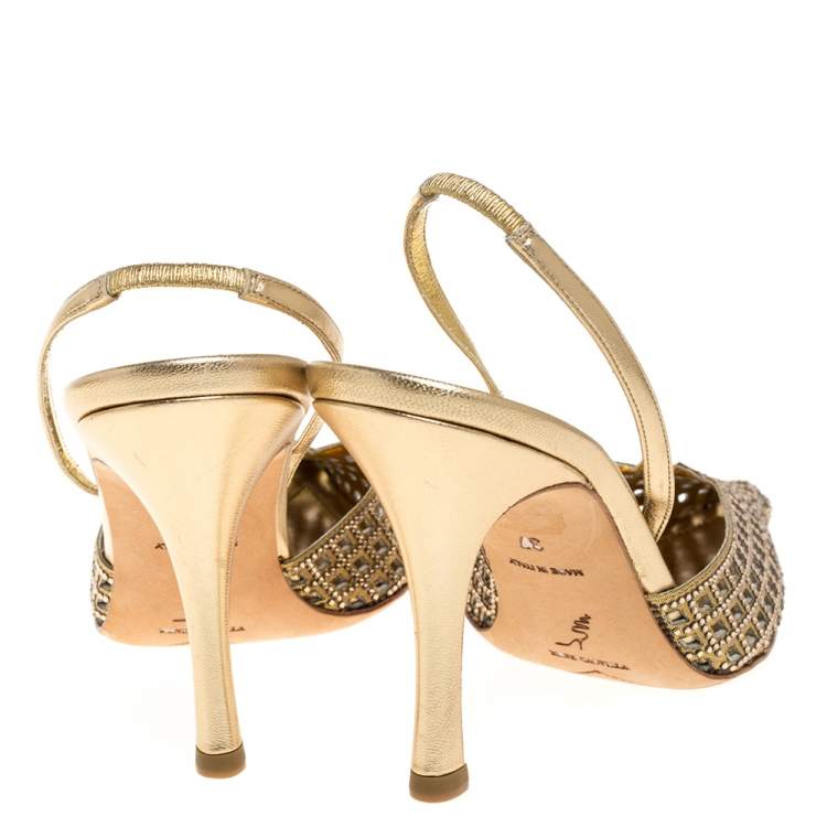 Pre Owned Rene Caovilla Metallic Gold Leather Embellished Slingback Pumps Size 37
