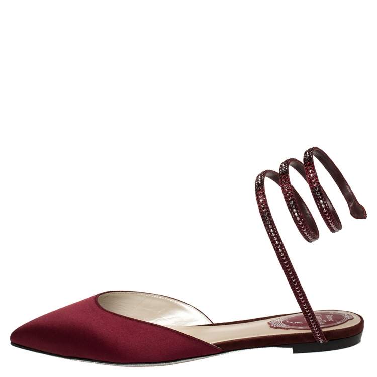 Pre Owned René Caovilla Burgundy Satin Crystal Embellished Ankle Wrap Pointed Toe Flats Size 37