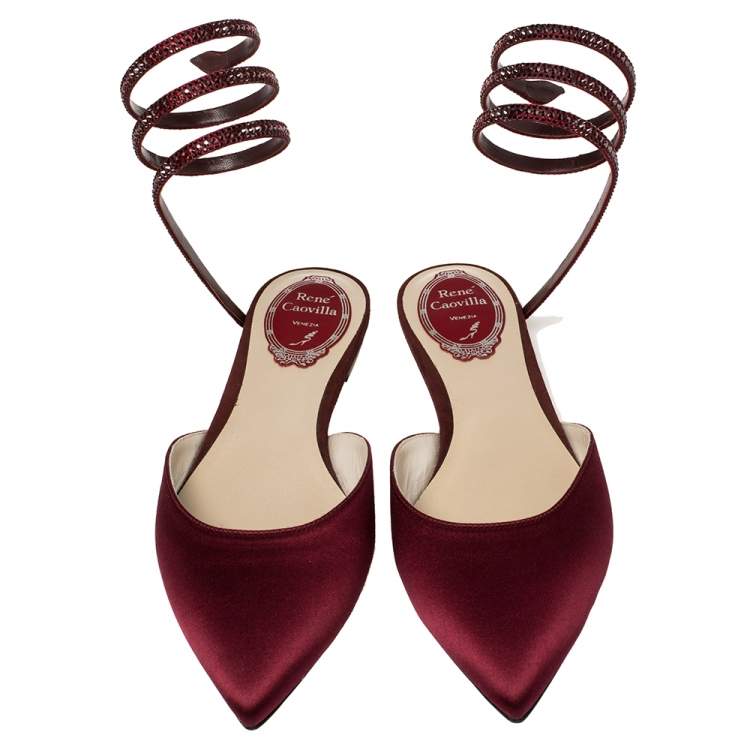 Pre Owned René Caovilla Burgundy Satin Crystal Embellished Ankle Wrap Pointed Toe Flats Size 37