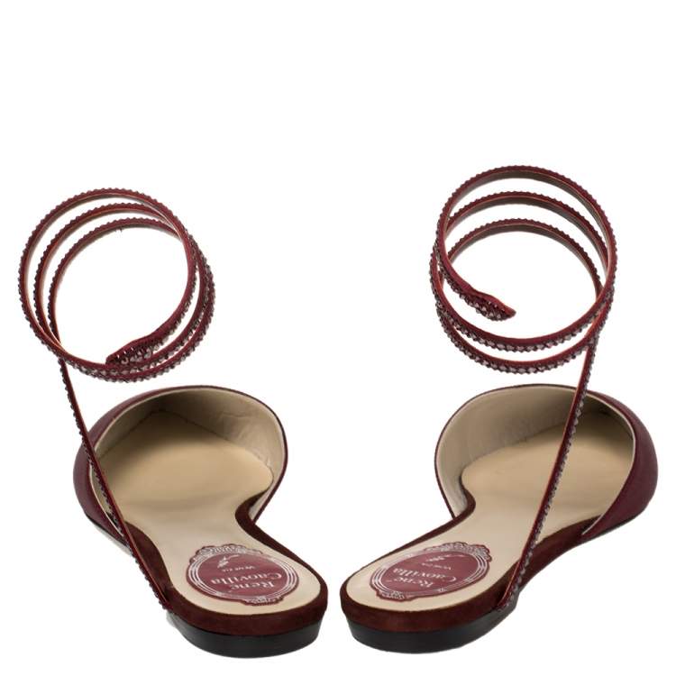 Pre Owned René Caovilla Burgundy Satin Crystal Embellished Ankle Wrap Pointed Toe Flats Size 37