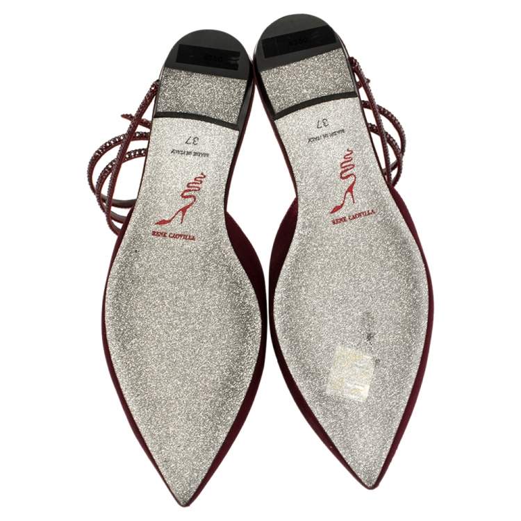 Pre Owned René Caovilla Burgundy Satin Crystal Embellished Ankle Wrap Pointed Toe Flats Size 37