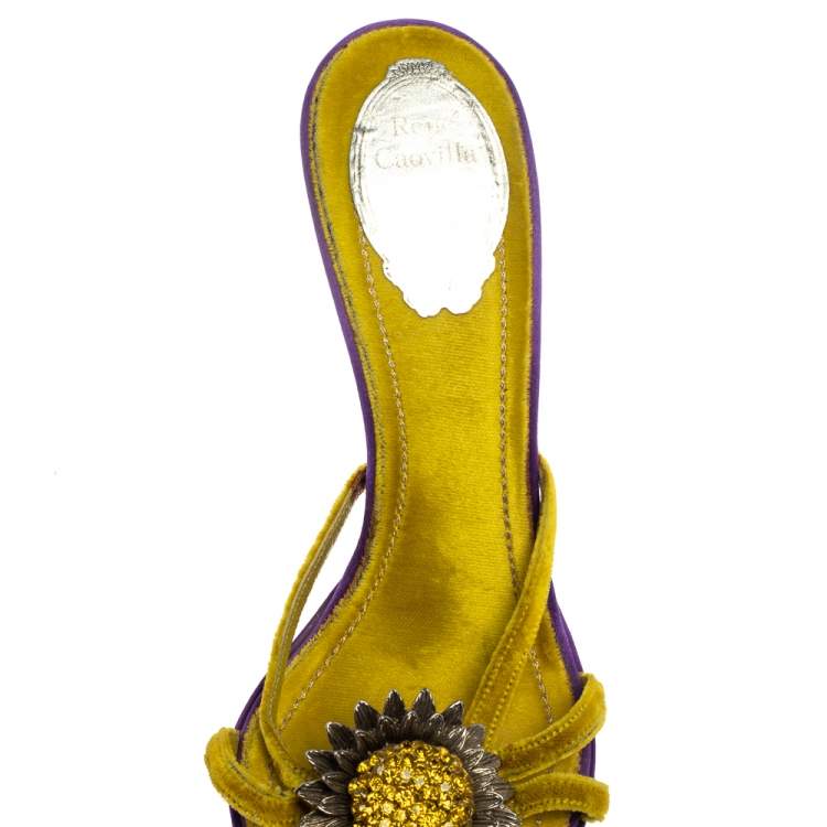 Pre Owned René Caovilla Yellow Velvet Flower Embellished Slide Sandals Size 39