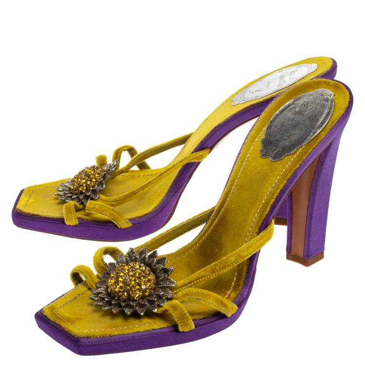 Pre Owned René Caovilla Yellow Velvet Flower Embellished Slide Sandals Size 39