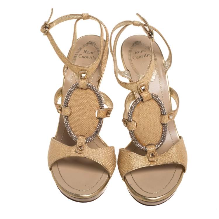 Pre Owned René Caovilla Beige Glitter Cork Embellished Ankle Strap Sandals Size 38