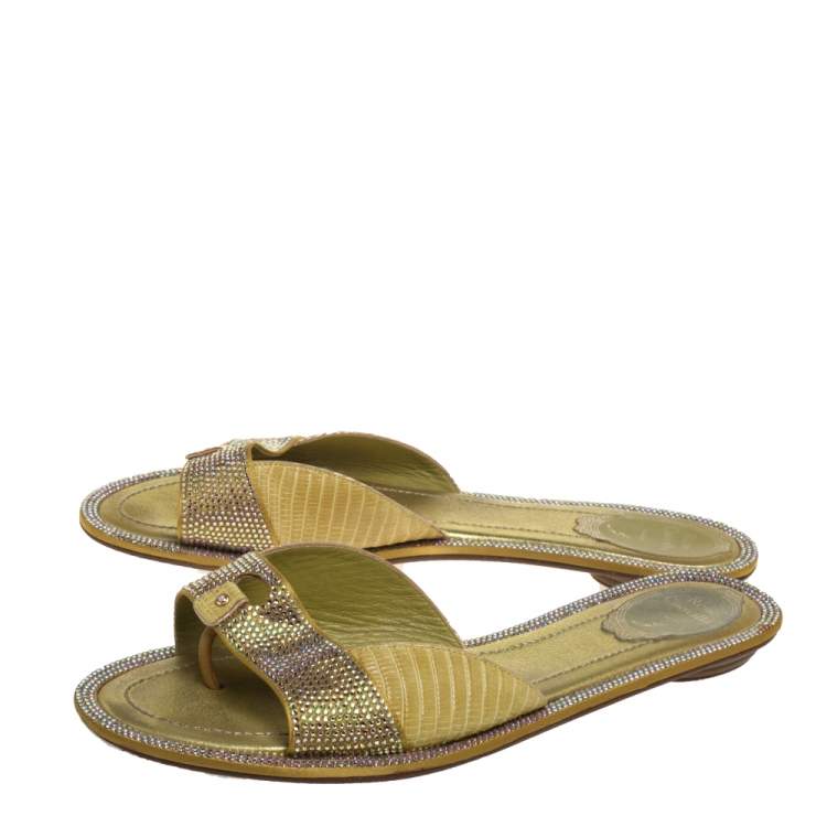 Pre Owned Rene Caovilla Yellow Lizard Embossed Leather And Satin Crystal Embellished Thong Flat Slides Size 40