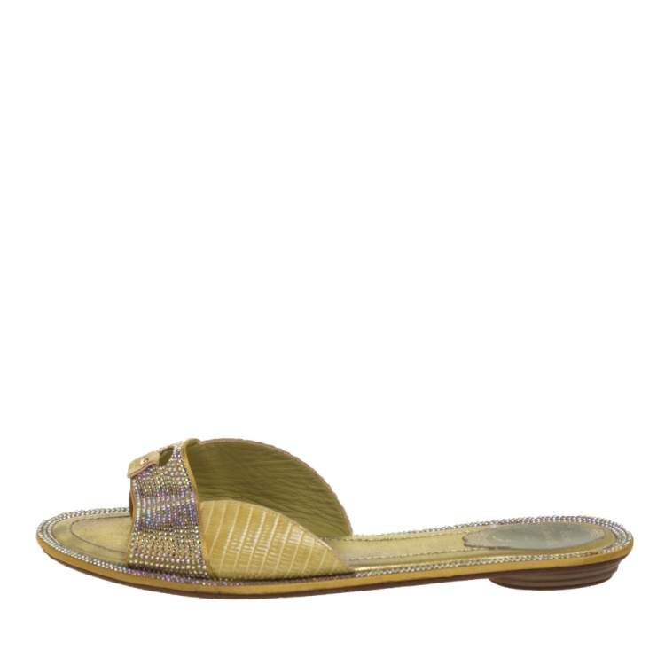 Pre Owned Rene Caovilla Yellow Lizard Embossed Leather And Satin Crystal Embellished Thong Flat Slides Size 40