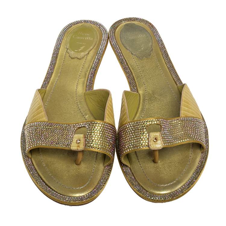 Pre Owned Rene Caovilla Yellow Lizard Embossed Leather And Satin Crystal Embellished Thong Flat Slides Size 40