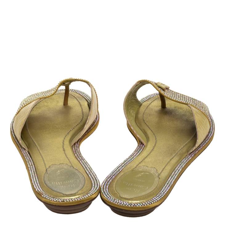 Pre Owned Rene Caovilla Yellow Lizard Embossed Leather And Satin Crystal Embellished Thong Flat Slides Size 40